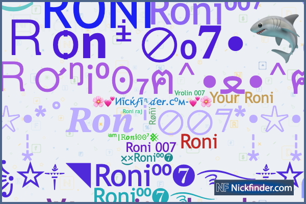Nicknames for Roni007: ꧁☆༒◥Roni⁰⁰❼࿐༒☆꧂, Roni 007, Røñï, Roni busy, Roni,  RONI